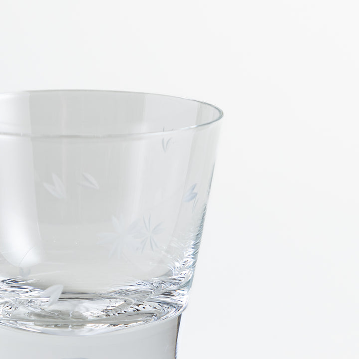 Close-up of the upper edge of a clear glass with sakura motifs, showing the smooth design and mountain-shaped base beneath.