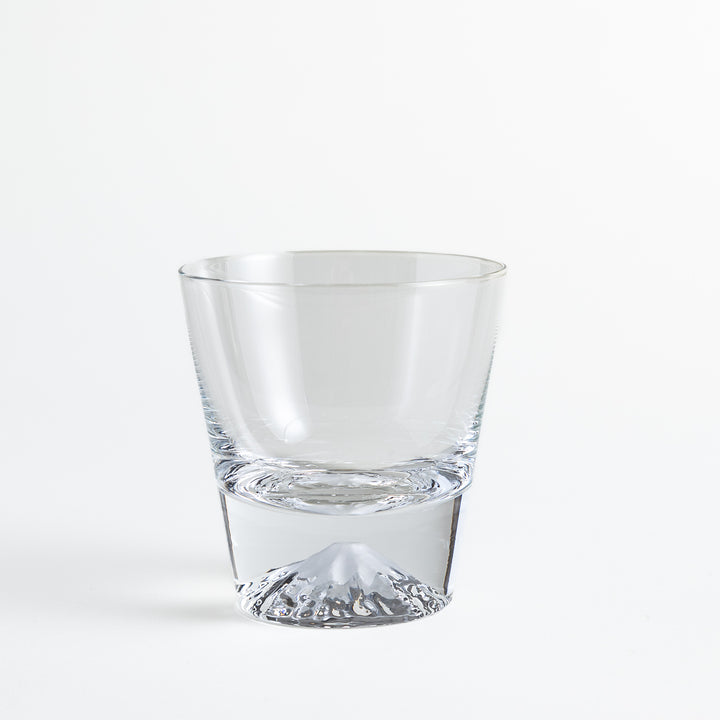 Clear glass featuring an embossed design of Mount Fuji at the base. Ideal for serving cold beverages.