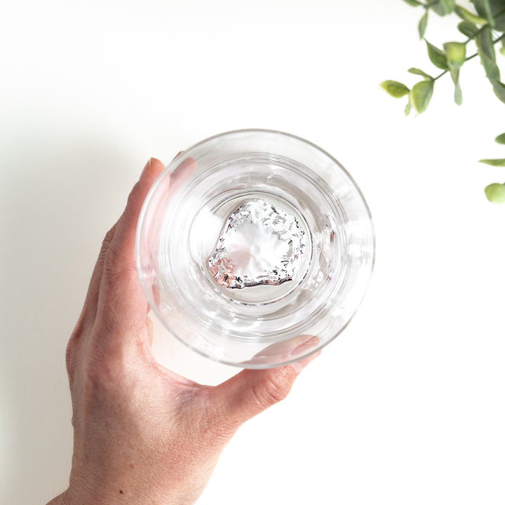 A hand holding a clear glass with a visible mountain design at the base, filled with water, placed against a light background with greenery in the frame.