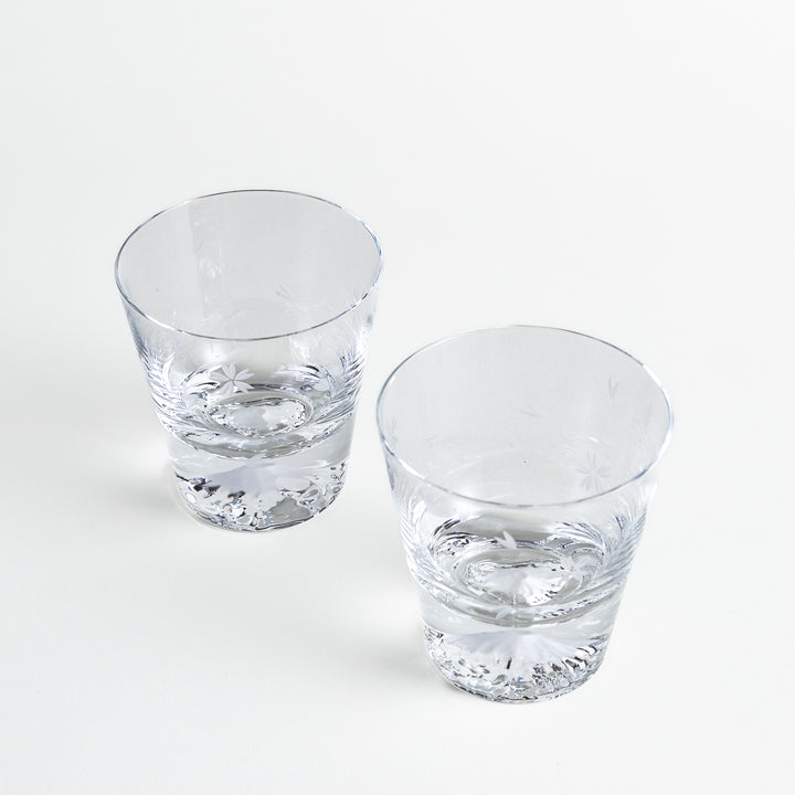 Two rocks glasses with a clear Mt. Fuji motif at the base, elegantly etched with sakura designs, displayed on a white background.