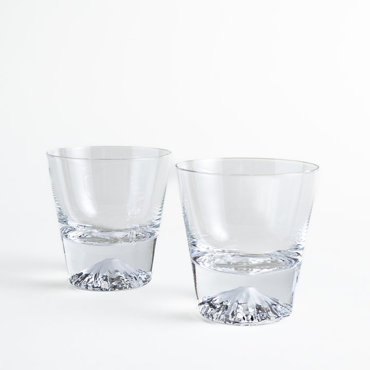 Front view of the Mt. Fuji rocks glass set, showcasing clear details and artistic representation of the iconic mountain in the base.