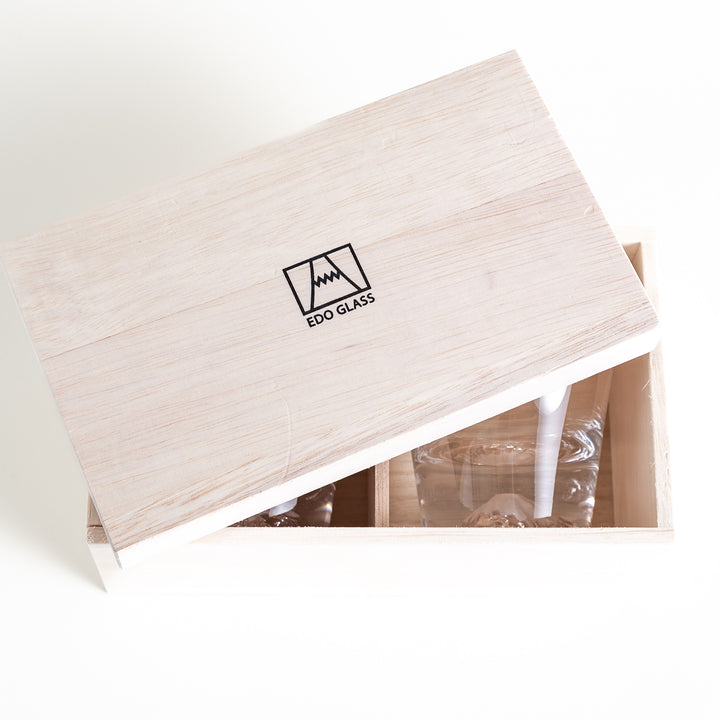 Wooden box with Edo Glass logo, revealing two glasses inside with their distinctive Mount Fuji design on the base.