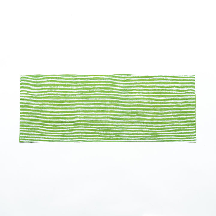 Green hand towel with vertical white stripes, laid flat for full view.