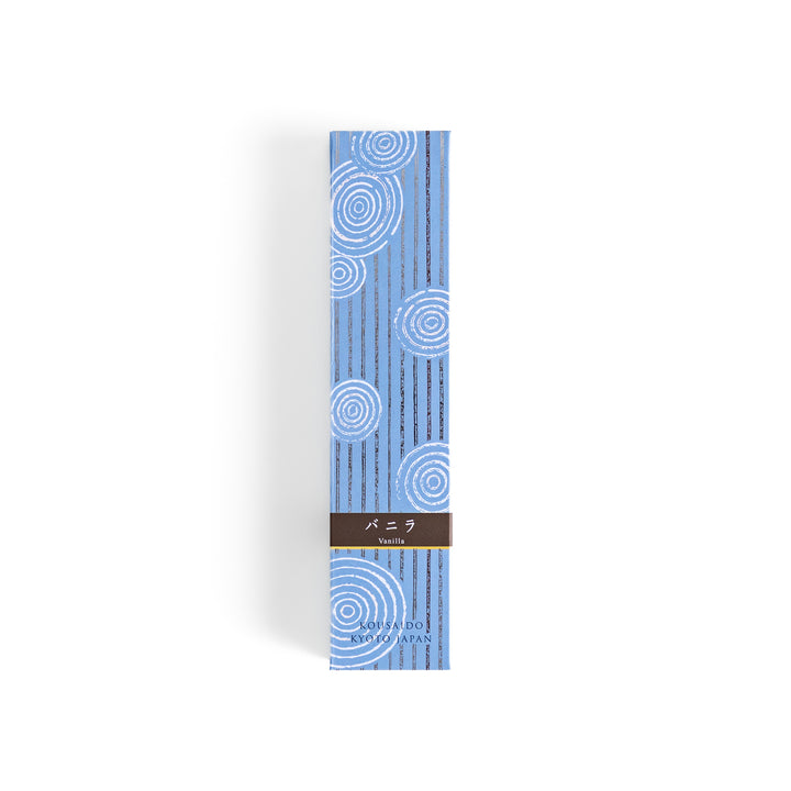 Velvet Vanilla Incense in a light wooden box with deep navy sticks, elegantly packaged in a soft blue design featuring white circular patterns, evoking a warm and comforting vanilla aroma.