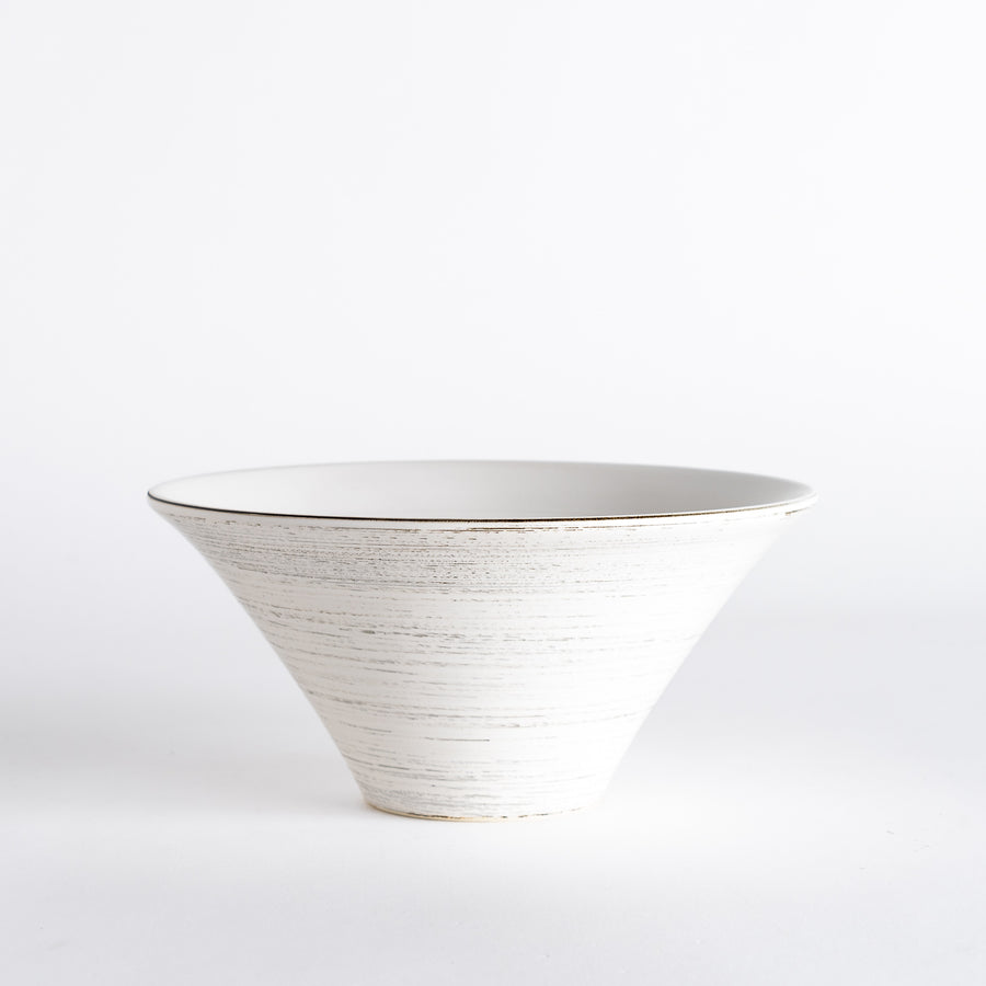 Flared white ceramic ramen bowl with a spiral design and a smooth surface, elegantly showcasing a minimalist aesthetic.