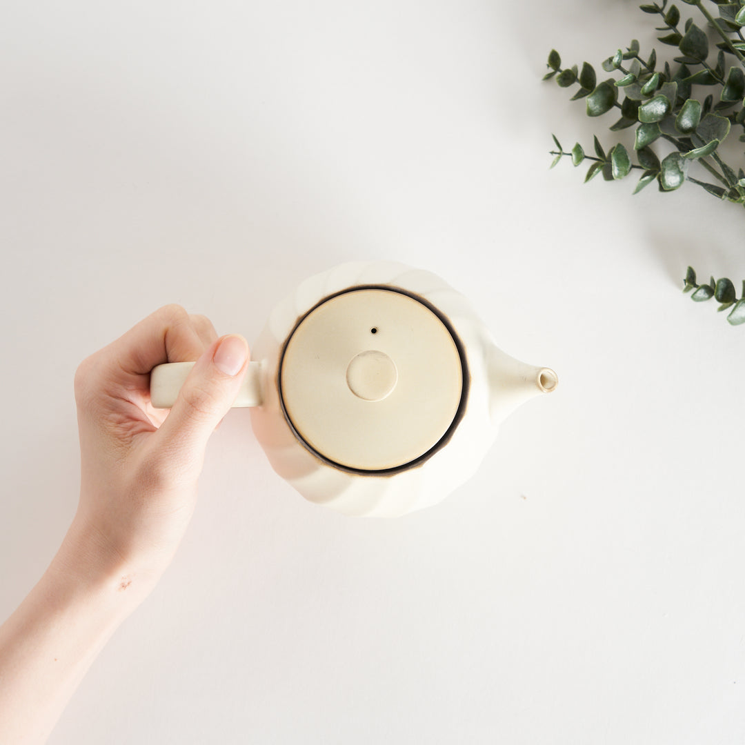 Top view of the teapot showcasing its delicate shape and minimalistic design, highlighting the charming lid detail.