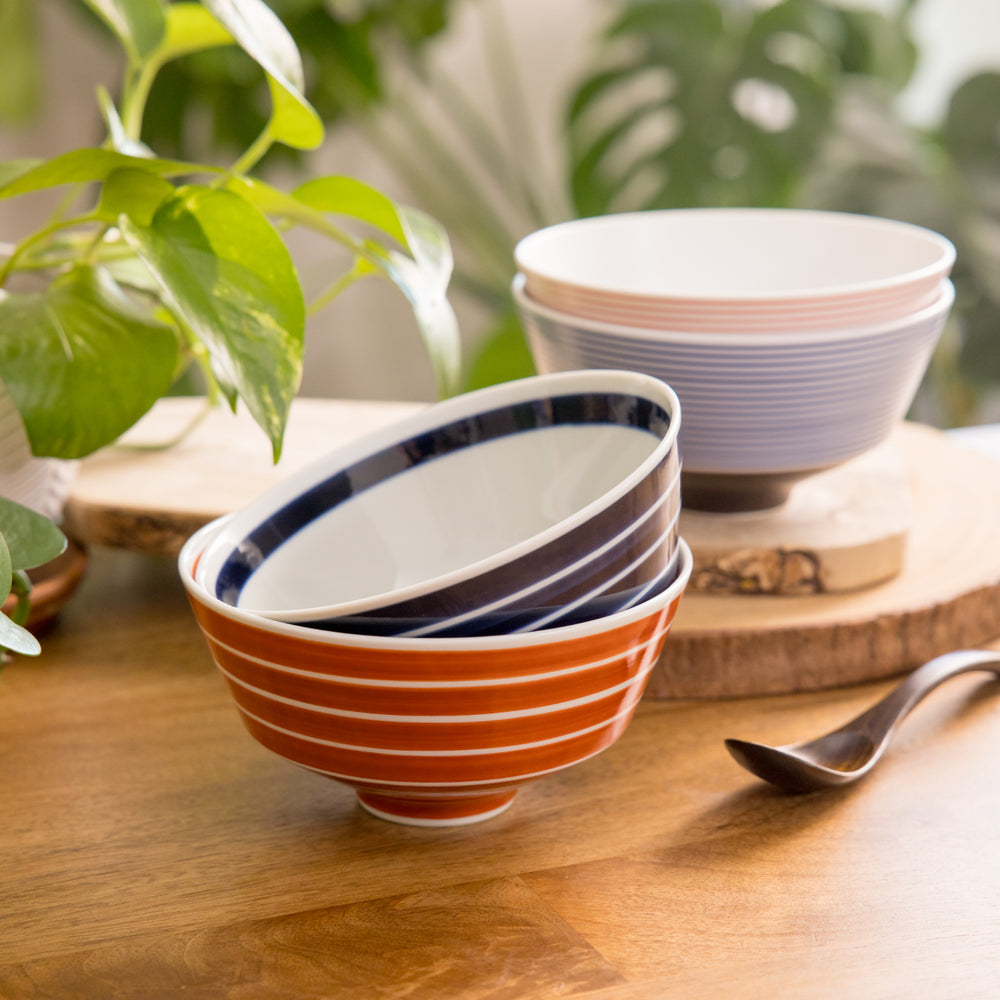 Stacked donburi bowls with vibrant striped patterns in navy  and red, set on a wooden surface beside green plants.