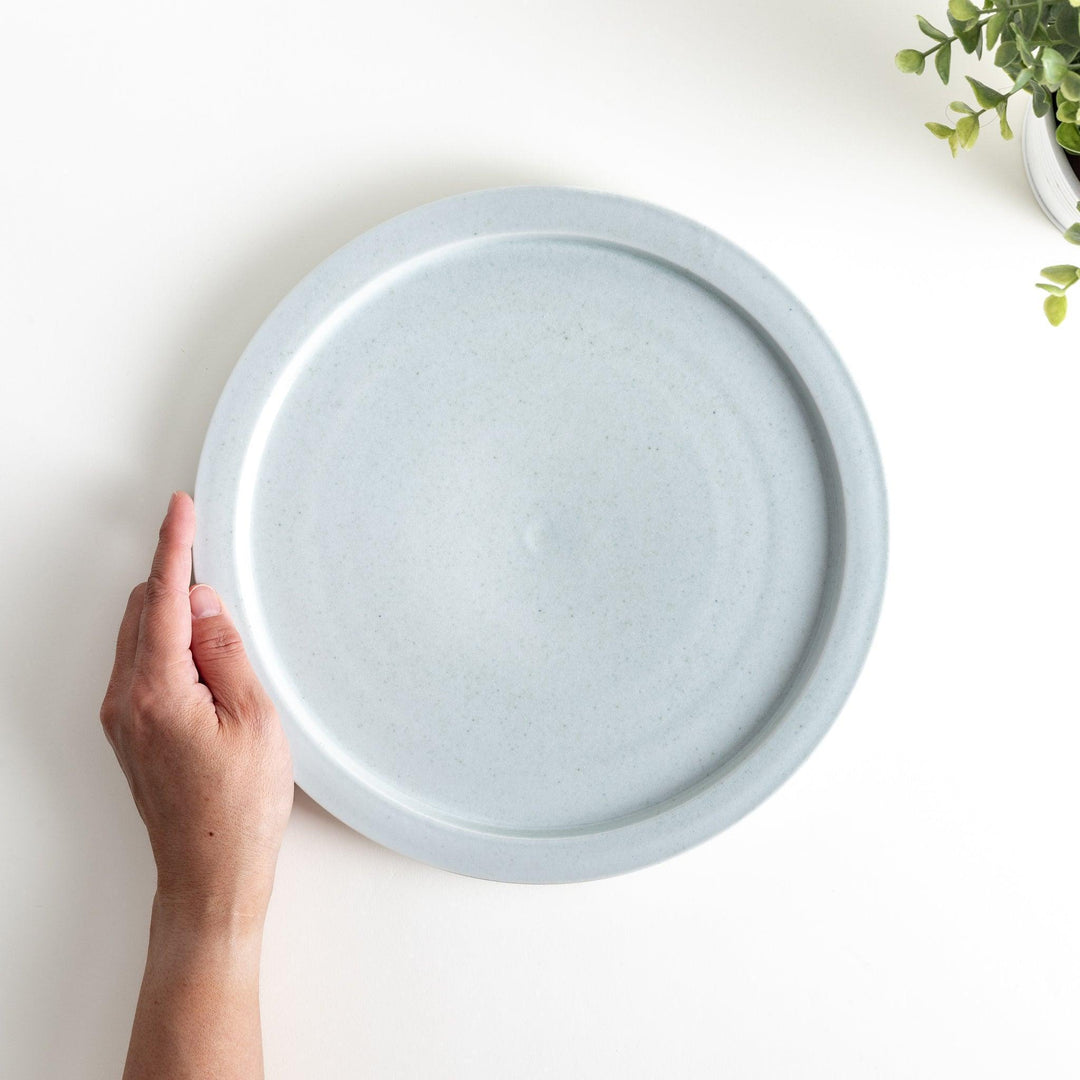 A large round ceramic plate with a clean, minimalist design and a slightly raised edge.