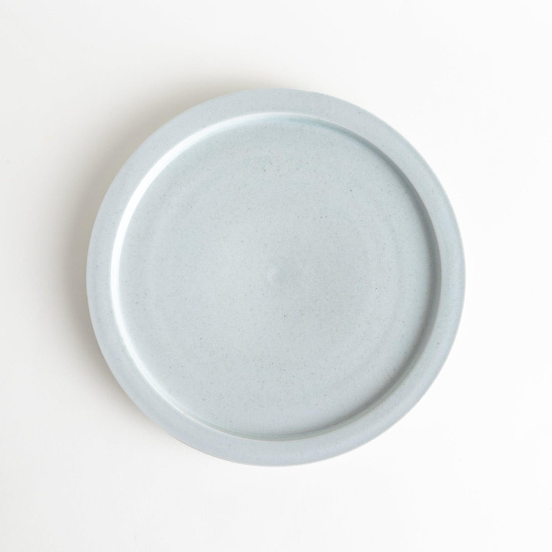 A large round ceramic plate with a clean, minimalist design and a slightly raised edge.