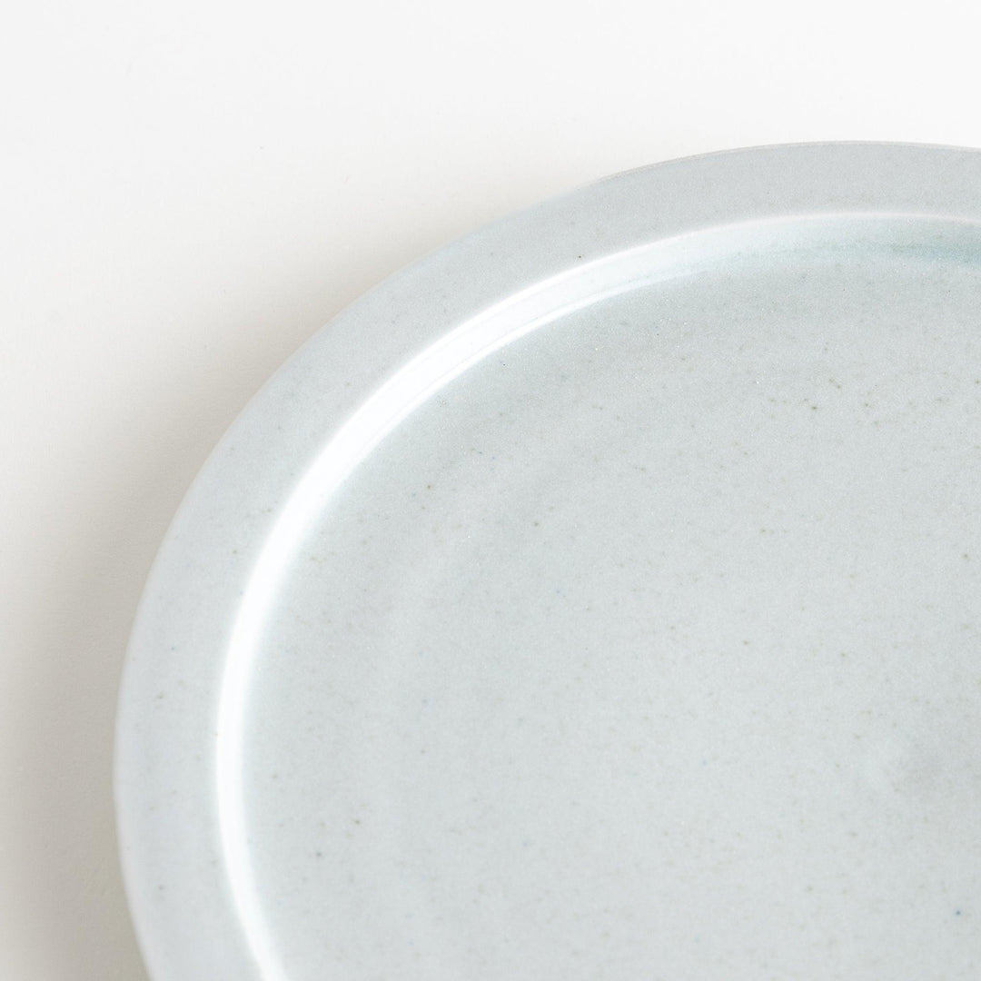 A large round ceramic plate with a clean, minimalist design and a slightly raised edge.