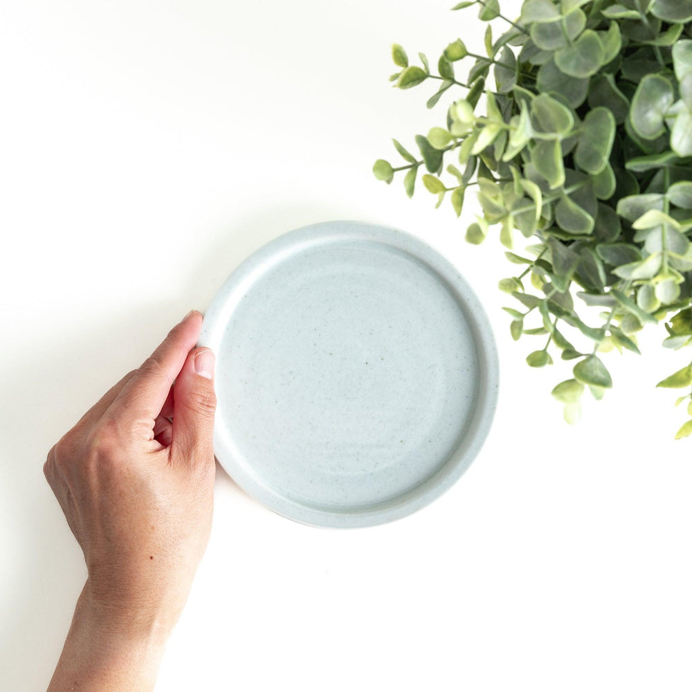 A small, simple round ceramic plate with a minimalist white design.