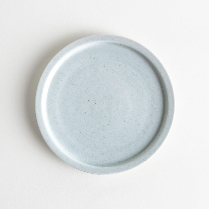 A small, simple round ceramic plate with a minimalist white design.