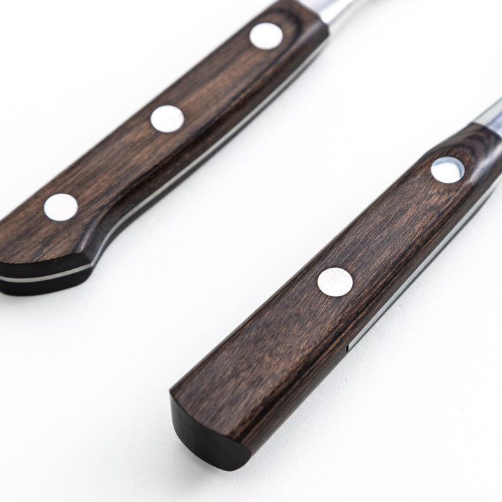 Stainless steel carving knife and fork set with wooden handles