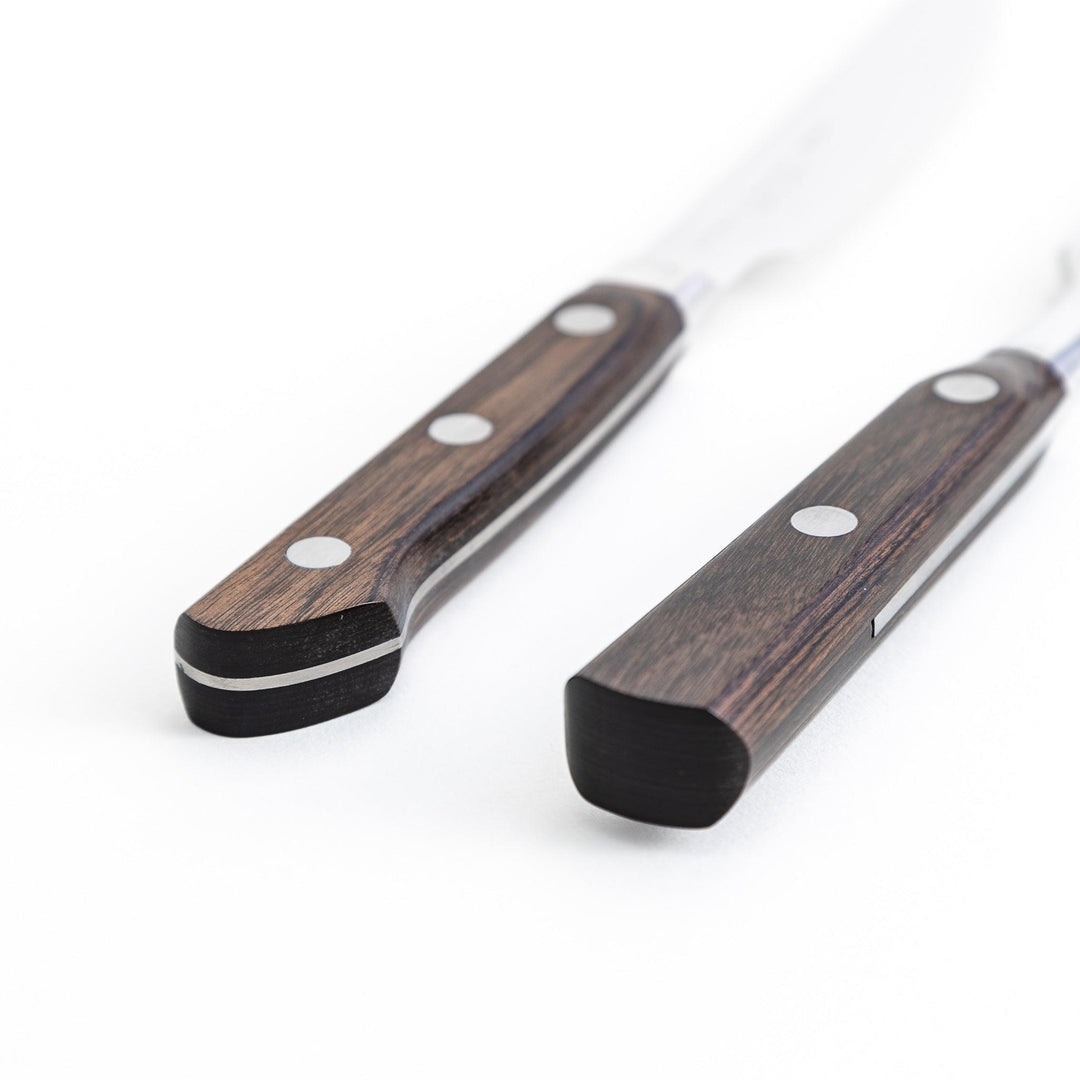 Stainless steel carving knife and fork set with wooden handles