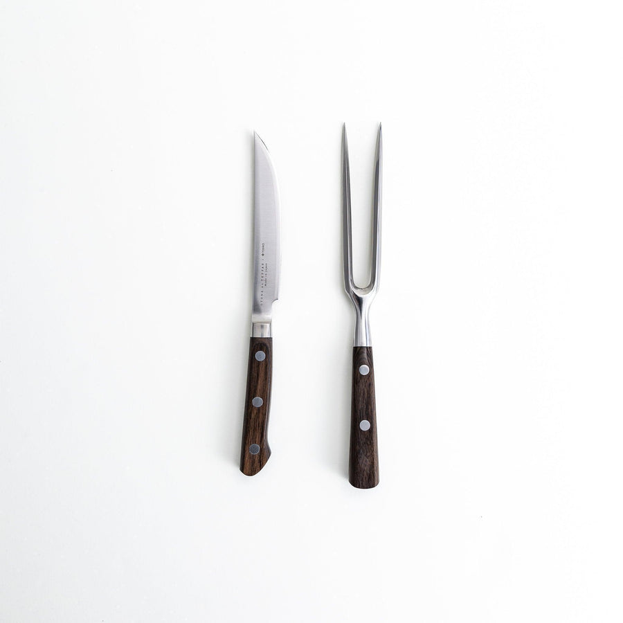 Stainless steel carving knife and fork set with wooden handles