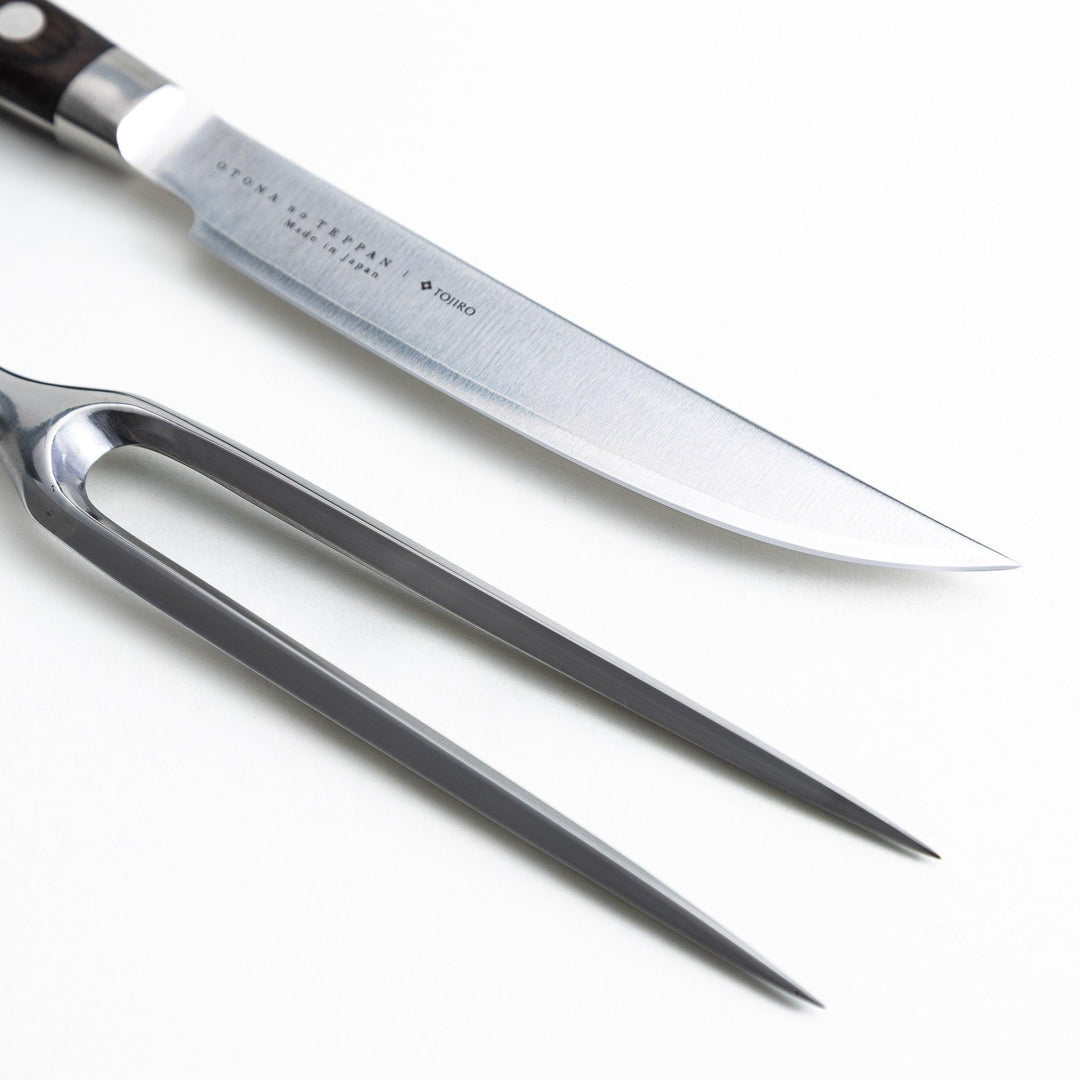 Stainless steel carving knife and fork set with wooden handles