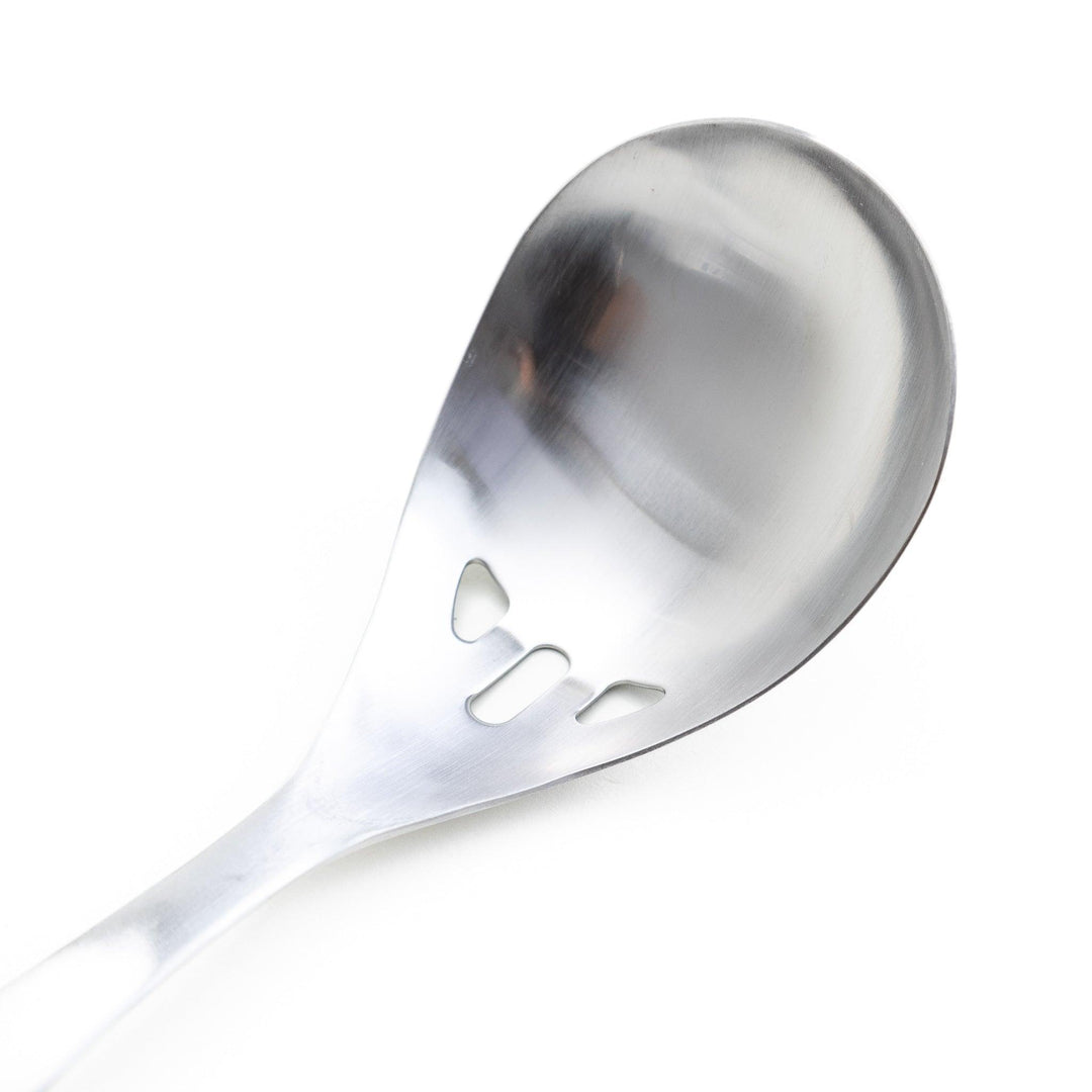 Stainless steel ladle with slotted holes for draining liquids while serving