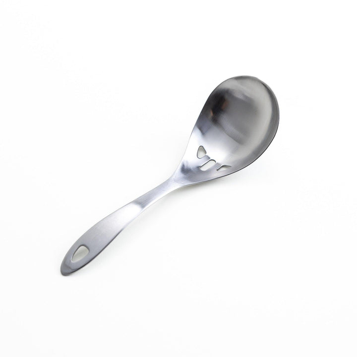 Stainless steel ladle with slotted holes for draining liquids while serving