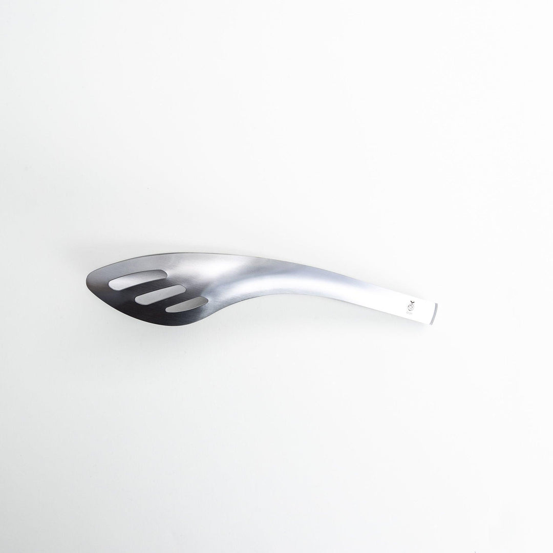 Sleek and modern stainless steel tongs with a slotted spoon end for draining and a solid spoon end for serving, perfect for handling salads, pasta, and other dishes with ease.