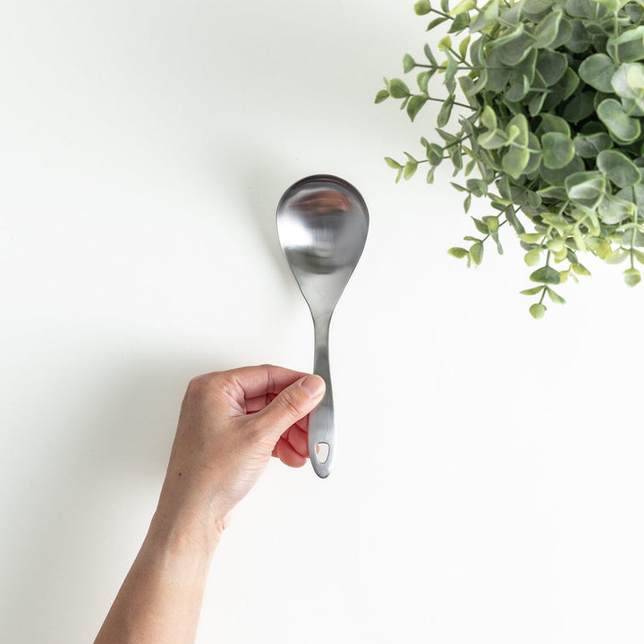 Solid stainless steel ladle with a smooth, curved handle and bowl