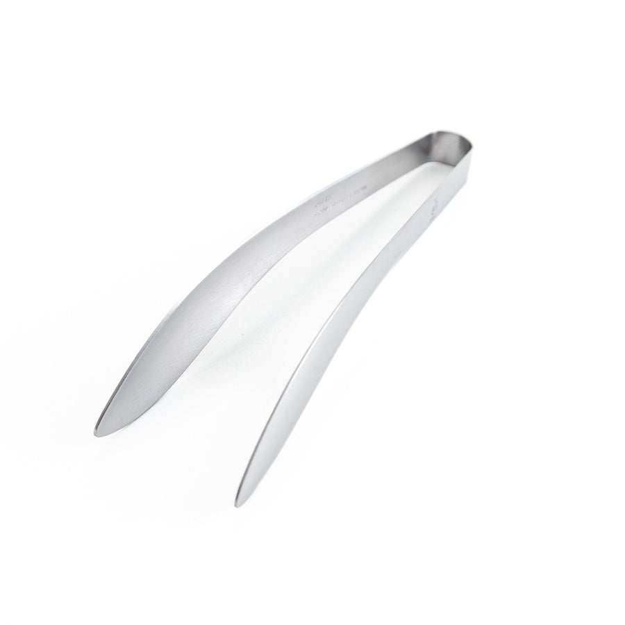 Elegant, curved stainless steel tongs with a sleek design