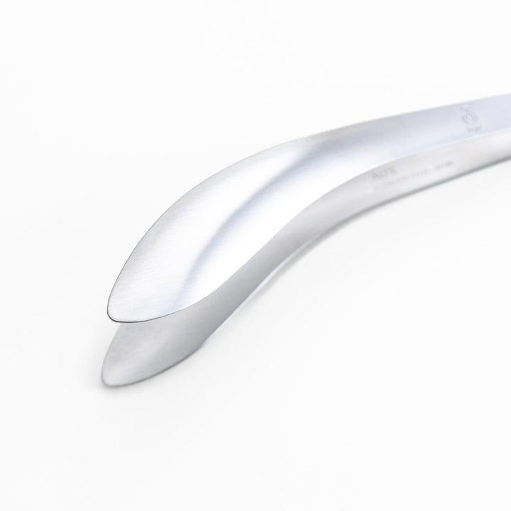 Elegant, curved stainless steel tongs with a sleek design