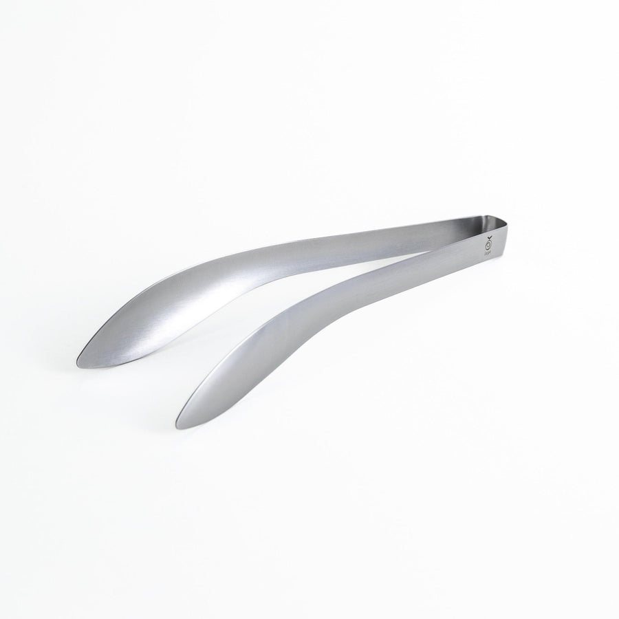 Smooth, curved stainless steel tongs with a minimalist design.