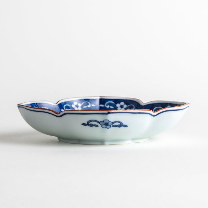 A ceramic bowl with a cloud-like shape and a blue patterned rim.