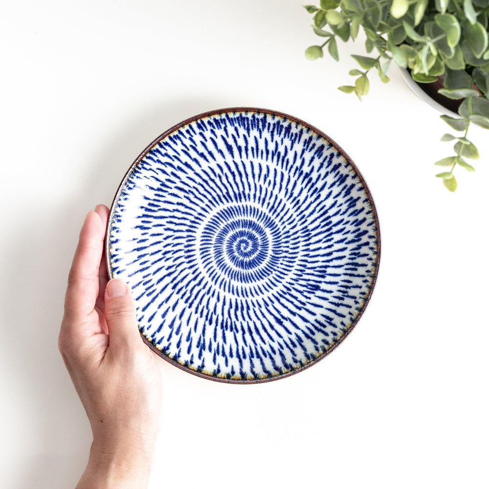 A blue and white salad plate with a concentric spiral pattern/