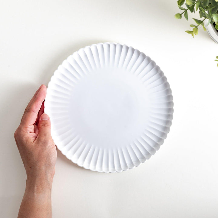 A white ceramic salad plate with a scalloped design with raised edges.