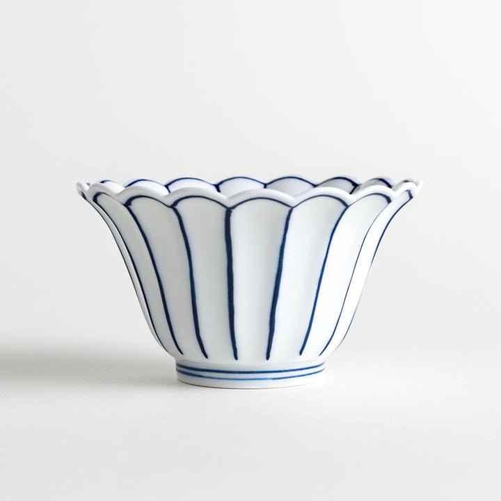 Scalloped edge condiment bowls, one with blue stripes and the other with red stripes