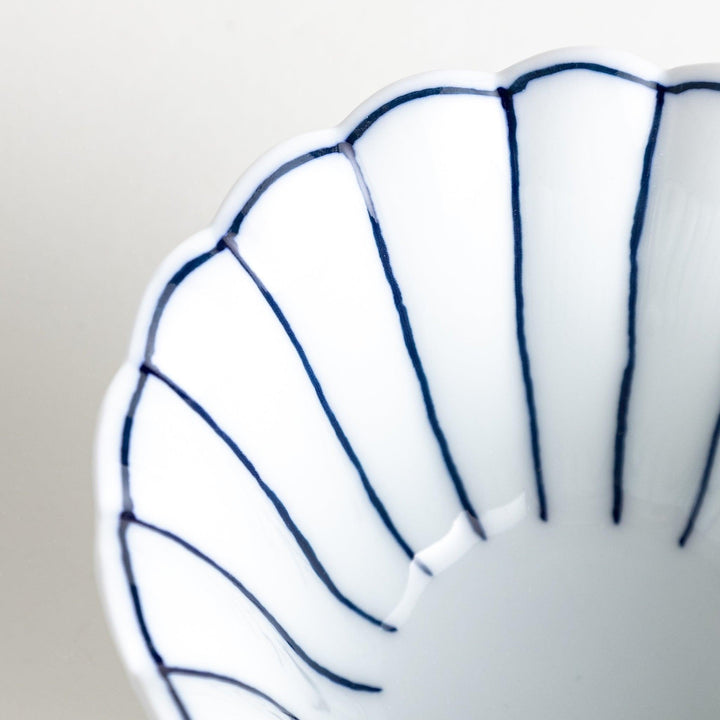 Scalloped edge condiment bowls, one with blue stripes and the other with red stripes