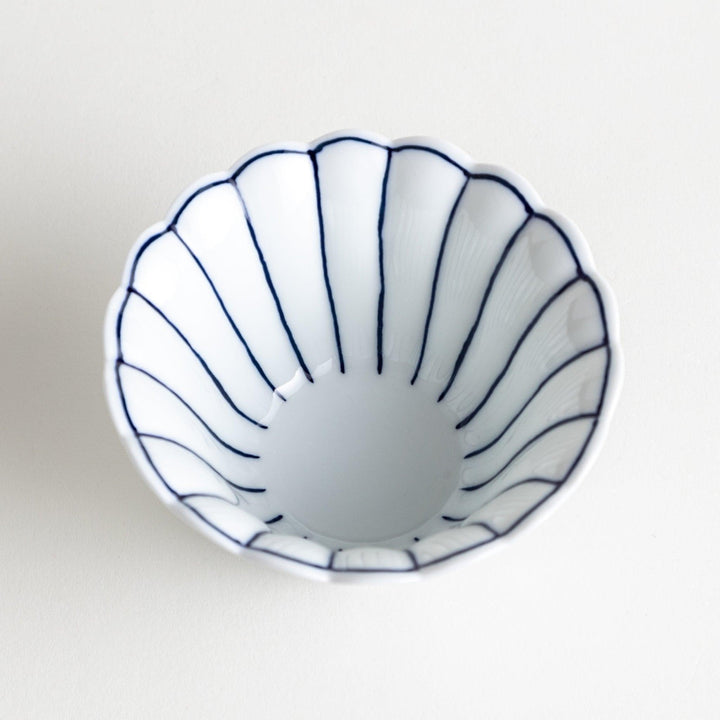 Scalloped edge condiment bowls, one with blue stripes and the other with red stripes