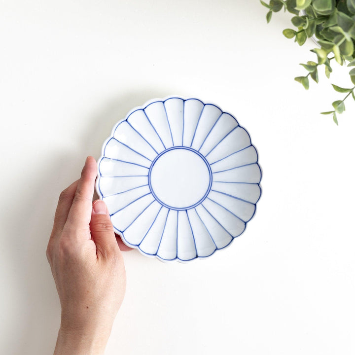 Chrysanthemum salad plates with a striped design, one in blue and the other in red.