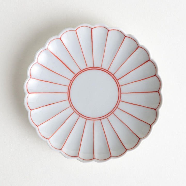 Chrysanthemum salad plates with a striped design, one in blue and the other in red.