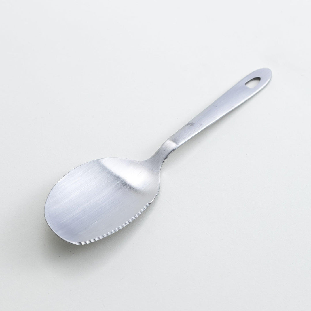 A stainless steel serving spoon with a smooth, polished finish and a slight serrated edge, ideal for cutting and serving.