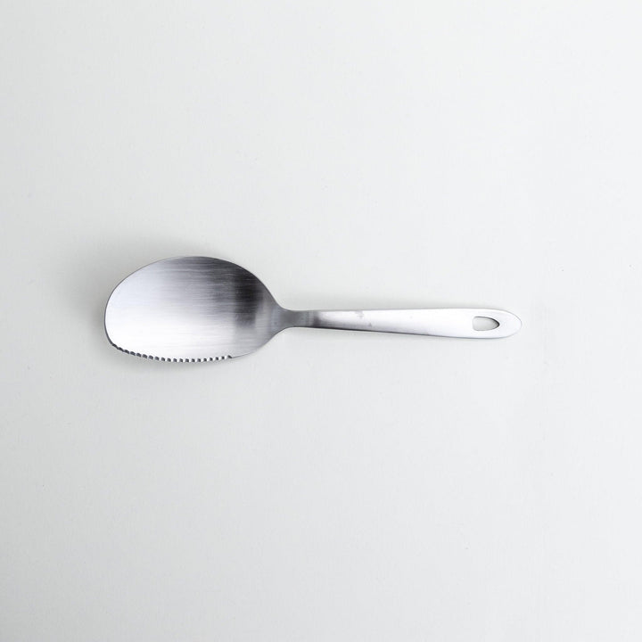 A stainless steel serving spoon with a smooth, polished finish and a slight serrated edge, ideal for cutting and serving.