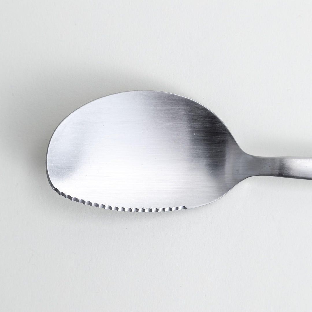 A stainless steel serving spoon with a smooth, polished finish and a slight serrated edge, ideal for cutting and serving.