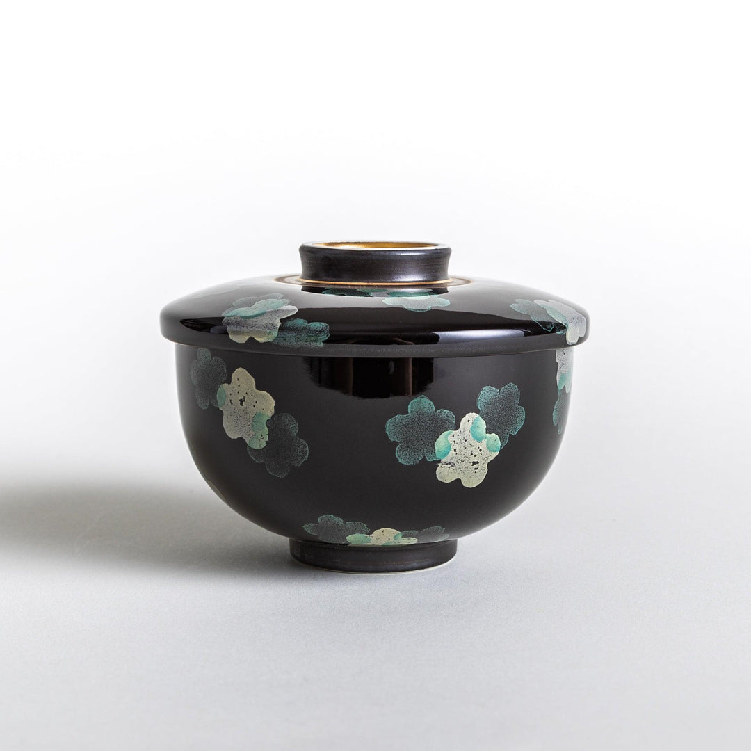 Black chawanmushi bowl with white sakura flower pattern