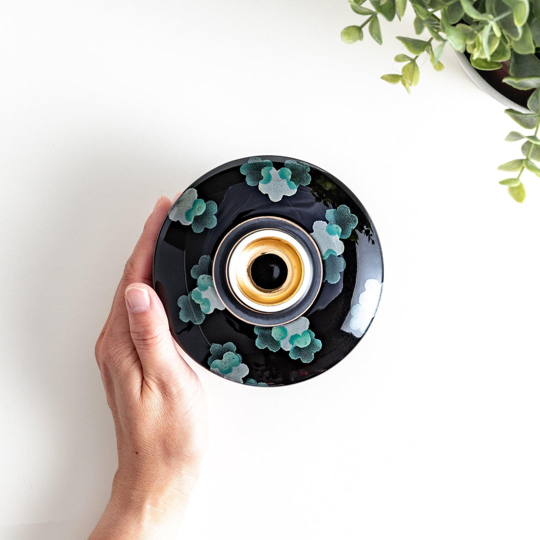 Black chawanmushi bowl with white sakura flower pattern