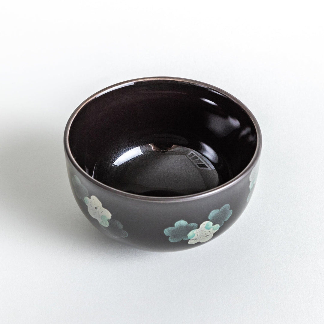 Black chawanmushi bowl with white sakura flower pattern