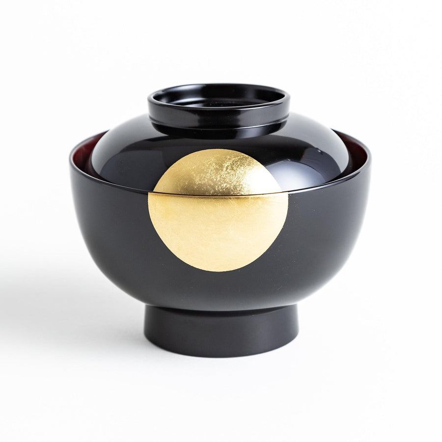 Traditional black lacquer bowl with a golden moon motif on the exterior, featuring a smooth, glossy finish.