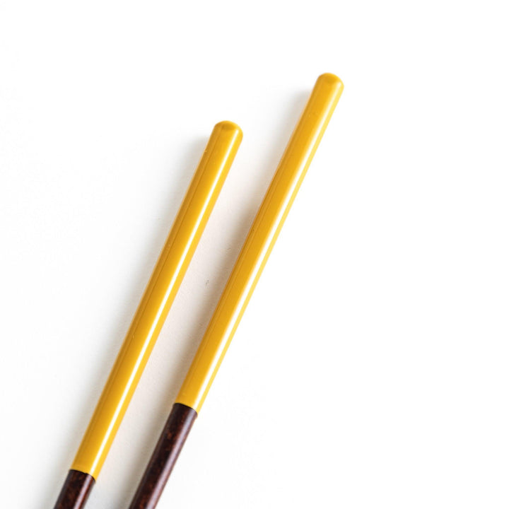 Chopsticks in different colors—white, yellow, olive green, navy blue, and dark brown—with wooden lower halves.