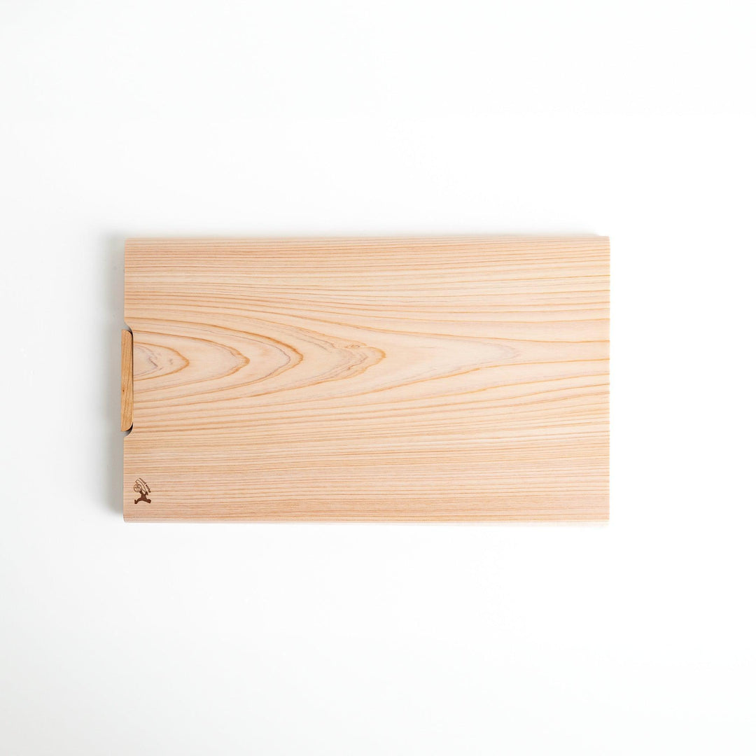 A rectangular hinoki cutting board with a twisting stand.