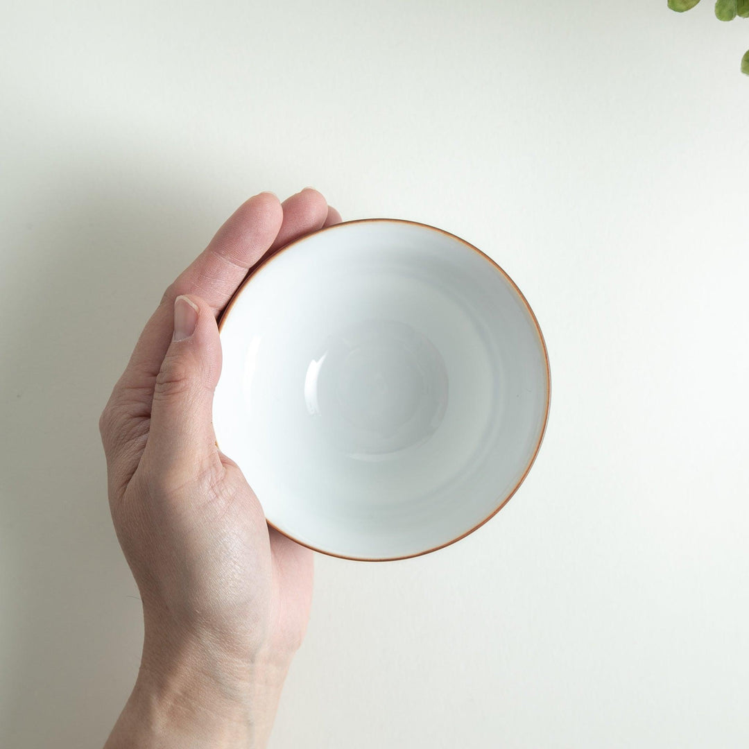 A white ceramic bowl with horizontal blue stripes and a brown rim.