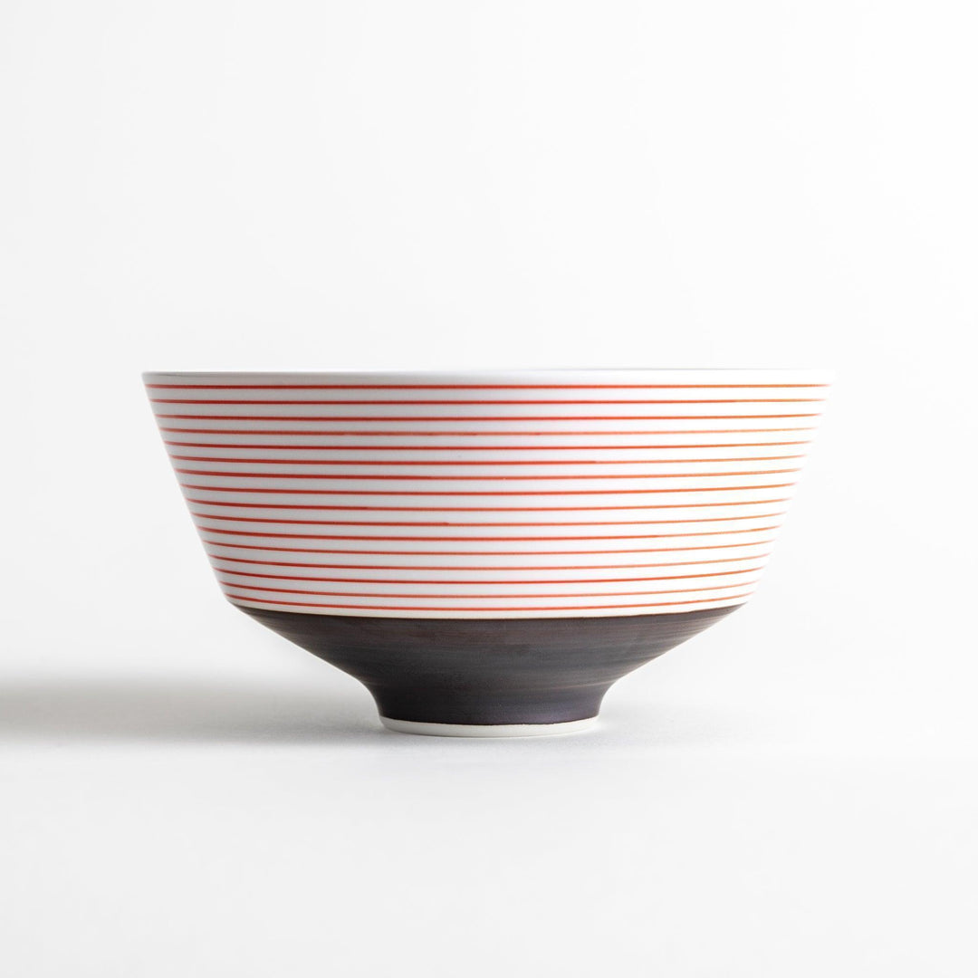 Medium-sized white donburi bowl with thin horizontal blue or red stripes and a dark base.