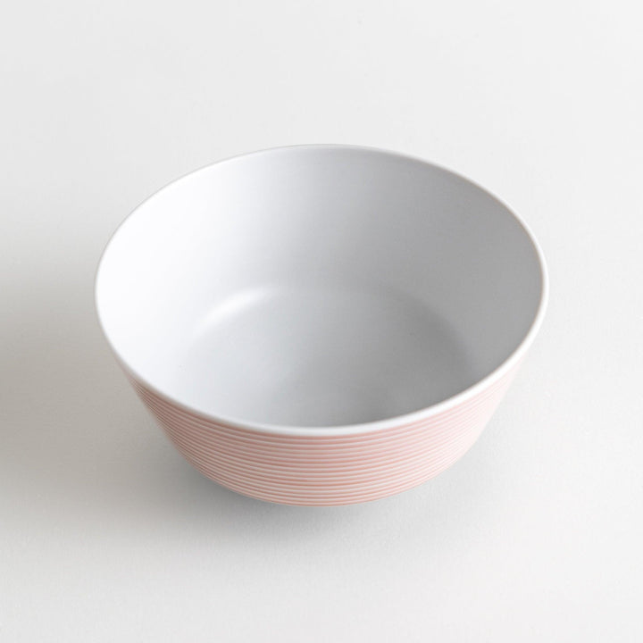 Medium-sized white donburi bowl with thin horizontal blue or red stripes and a dark base.