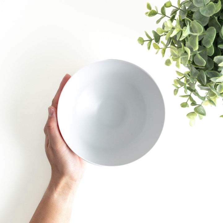 Medium-sized white donburi bowl with thin horizontal blue or red stripes and a dark base.