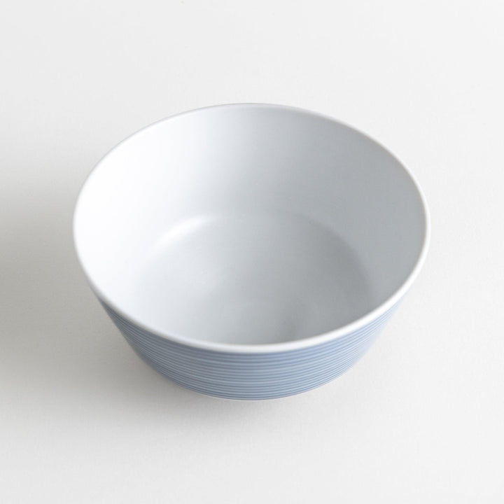 Medium-sized white donburi bowl with thin horizontal blue or red stripes and a dark base.