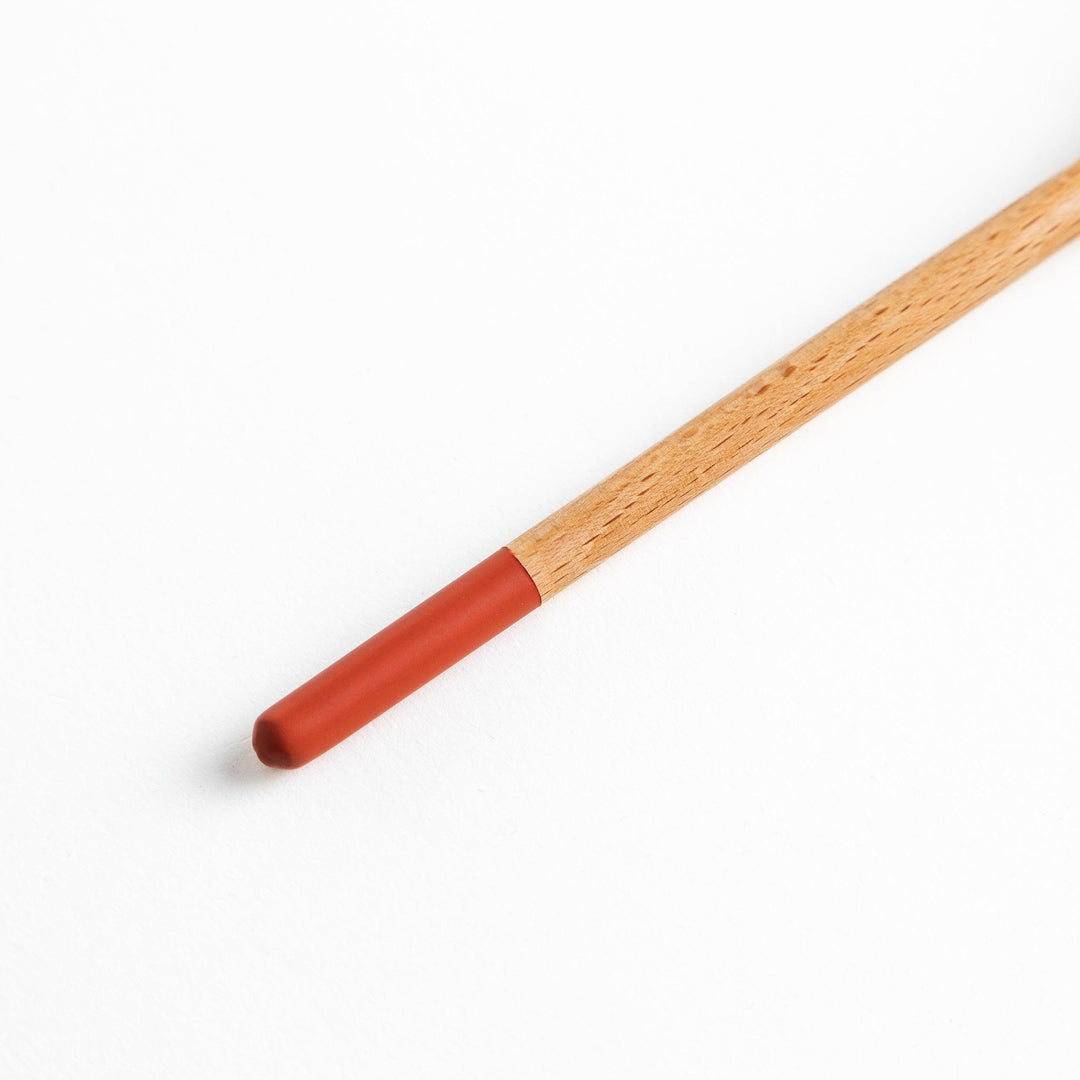 A set of four wooden soup spoons with wide, rounded bowls and colored tips—white, black, blue, and red.